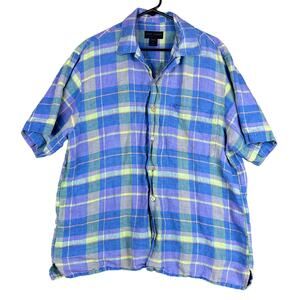 Scott Barber Mens Shirt Blue Purple Green Plaid 100% Linen Short Sleeve Large
